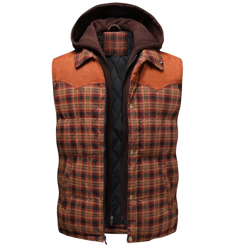 Versatile men's sleeveless plaid puffer vest, ideal for cold weather layering. Casual look.