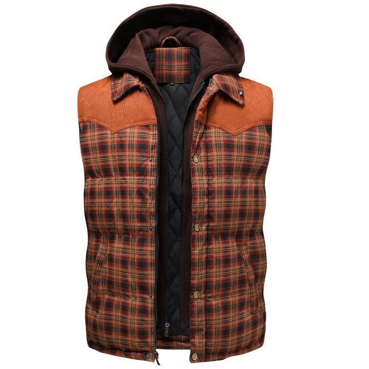 Versatile men's sleeveless plaid puffer vest, ideal for cold weather layering. Casual look.