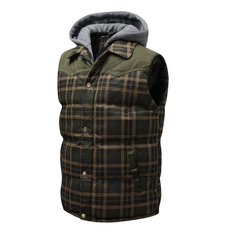 Casual men's hooded plaid puffer vest, essential winter outerwear & stylish layering piece.