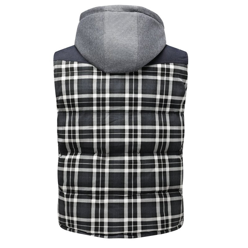 Cozy men's puffer vest featuring a bold plaid pattern and warm hood for winter fashion.