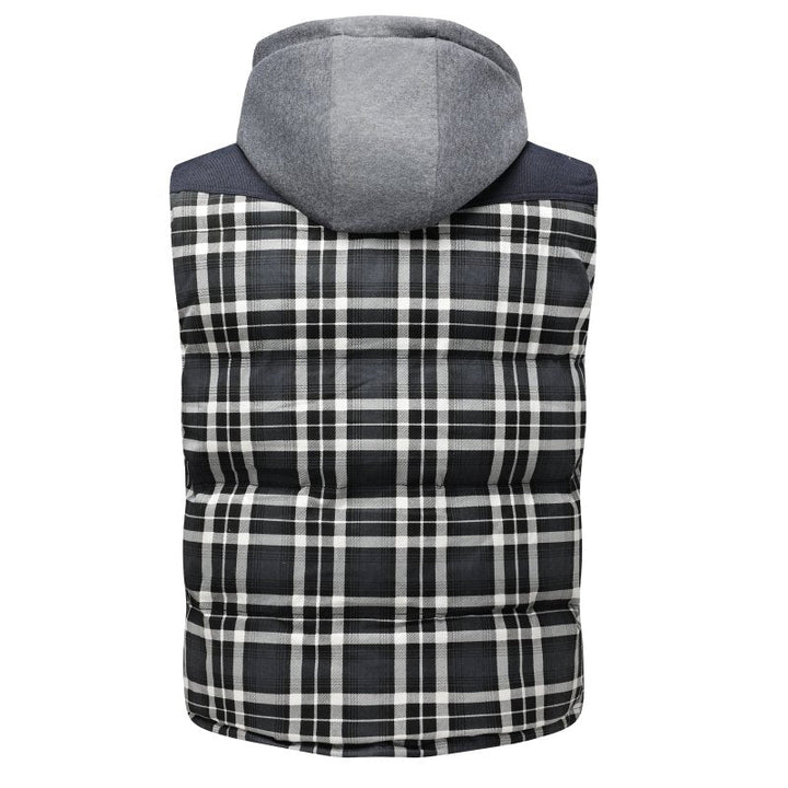 Cozy men's puffer vest featuring a bold plaid pattern and warm hood for winter fashion.