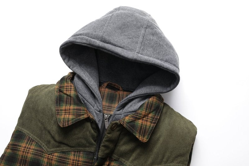 Man models a stylish hooded plaid puffer vest. Perfect men's winter casual outerwear.