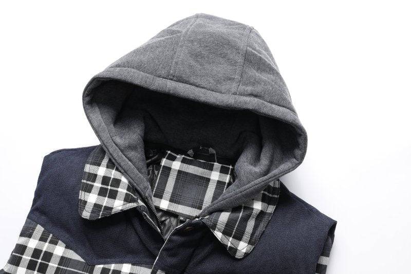 Essential men's winter hooded plaid puffer vest offering warmth, style, and comfort.