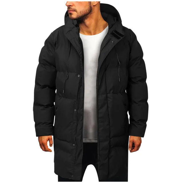 Close-up of the men's quilted puffer jacket showing detailed stitching and hood.