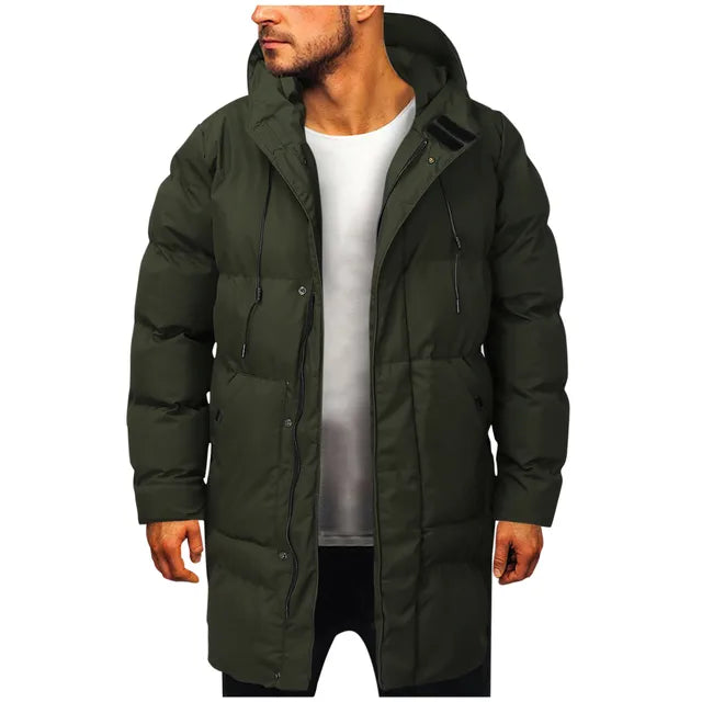 Model wearing a stylish men's hooded puffer coat, ideal for cold weather outerwear.