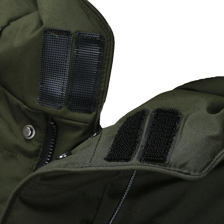 Back view of a fashionable men's puffer coat, showcasing its quilted pattern and fit.