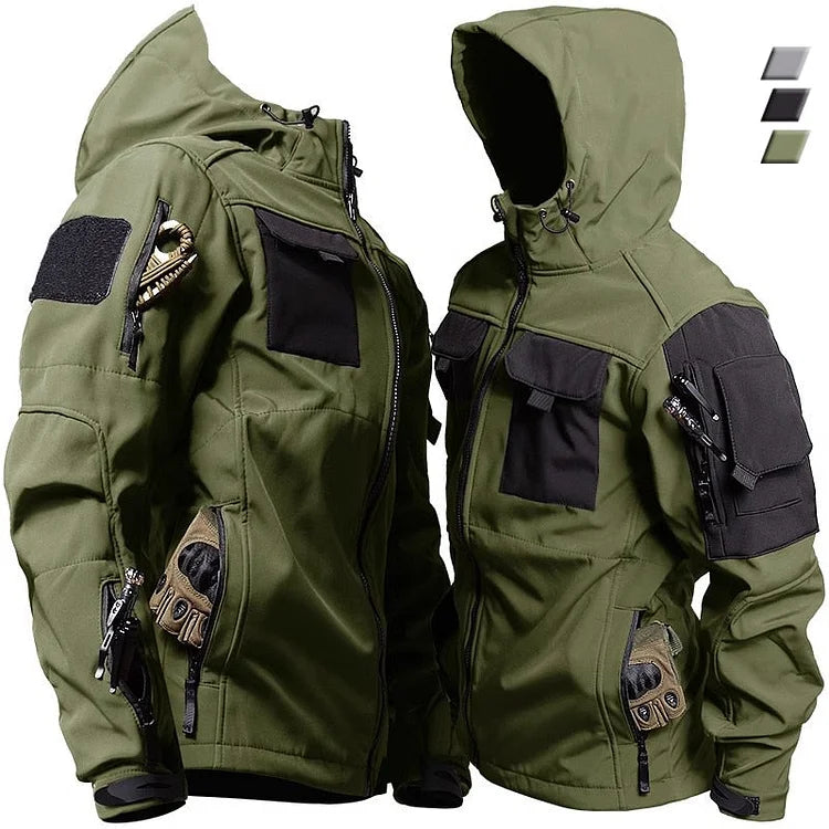 Men's hooded tactical jacket for outdoor adventures. Weather-resistant with multiple cargo pockets.