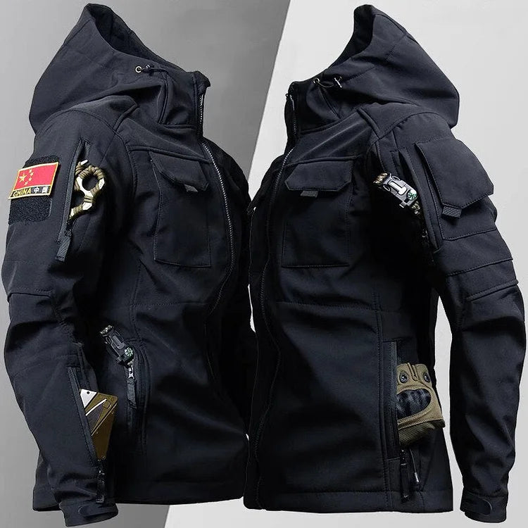 Versatile men's military-style tactical jacket with hood & zip-up front. Perfect outdoor outerwear.
