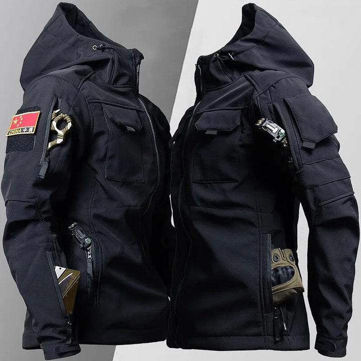 Versatile men's military-style tactical jacket with hood & zip-up front. Perfect outdoor outerwear.