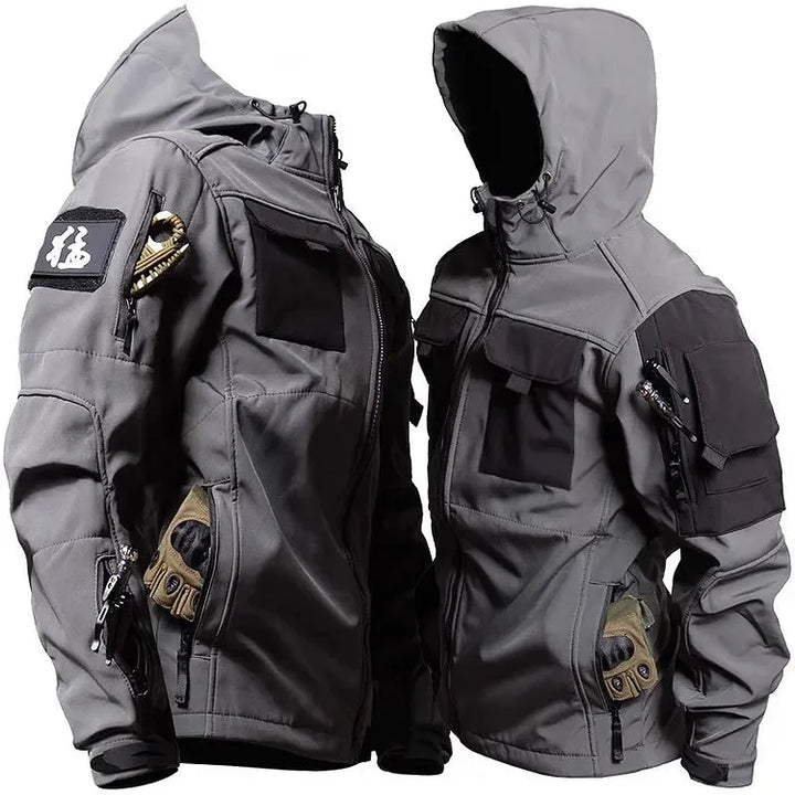 Durable men's tactical jacket with hood, weather protection, and cargo pockets for ultimate outdoor gear.