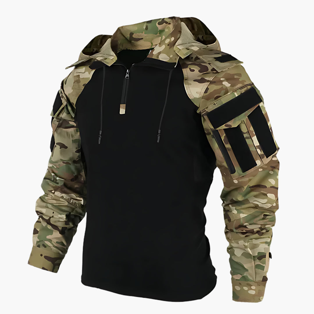 Durable men's tactical winter jacket with hood, perfect for hiking and extreme weather.