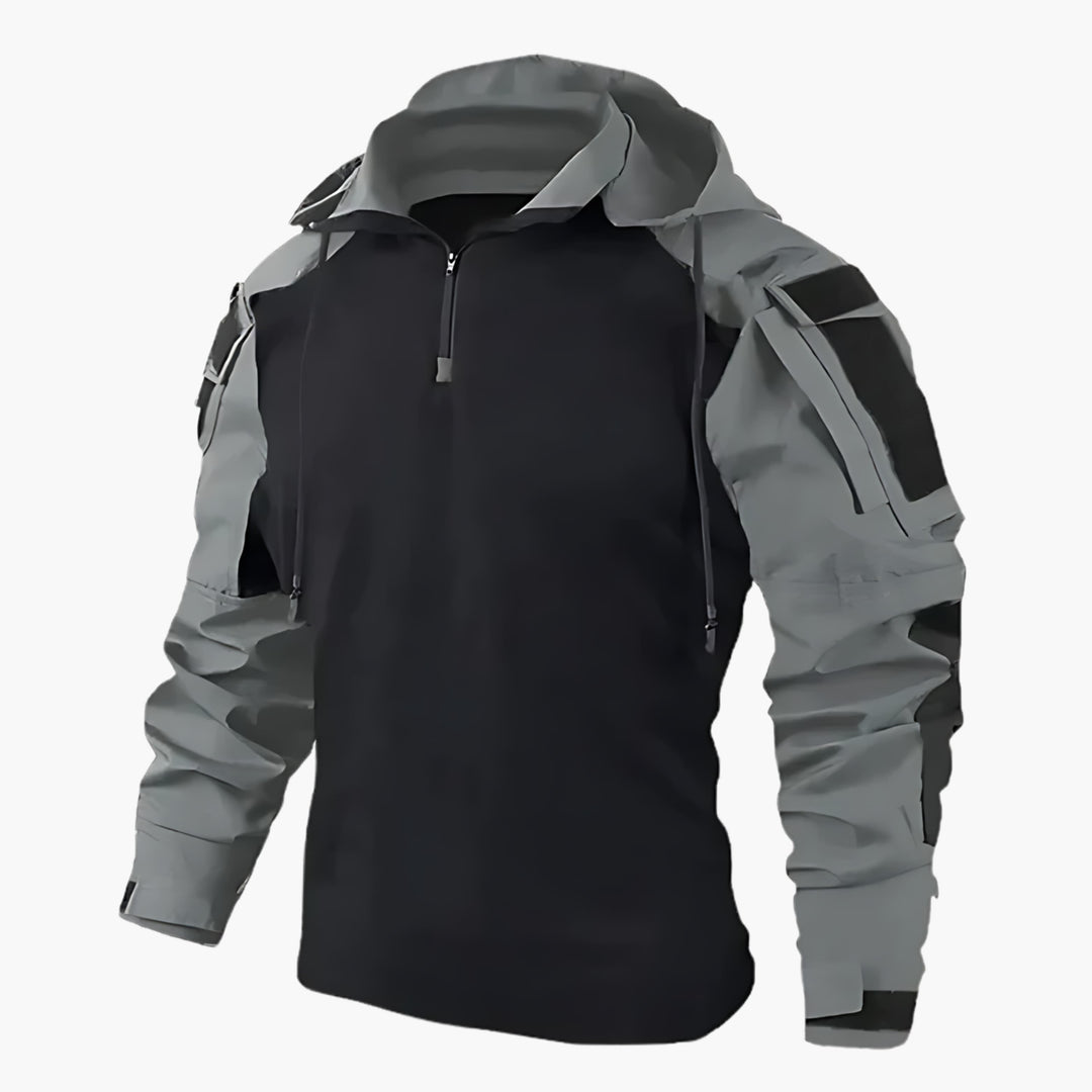 Warm and rugged men's winter coat, tactical design with adjustable hood for outdoor pursuits.
