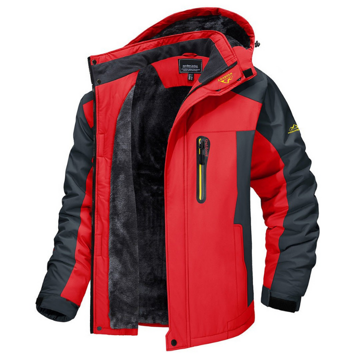 Stylish men's color block hooded winter jacket, waterproof & padded for cold weather outdoor activities.