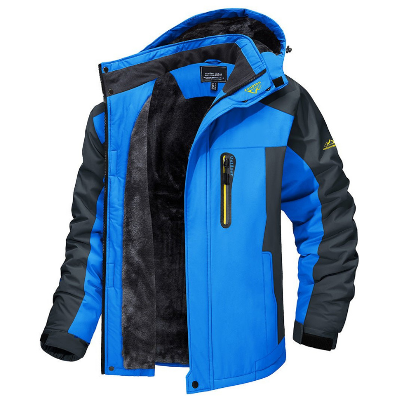 Durable men's outdoor padded jacket with hood, waterproof protection for cold weather & casual wear.