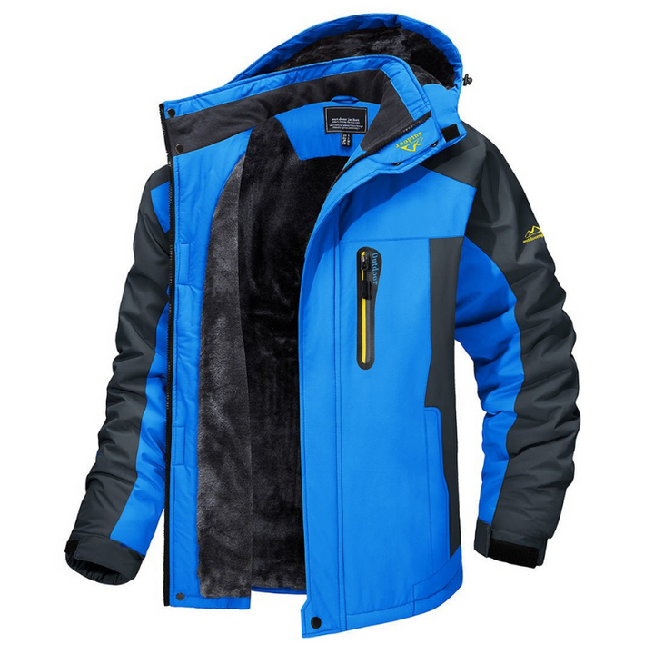 Durable men's outdoor padded jacket with hood, waterproof protection for cold weather & casual wear.