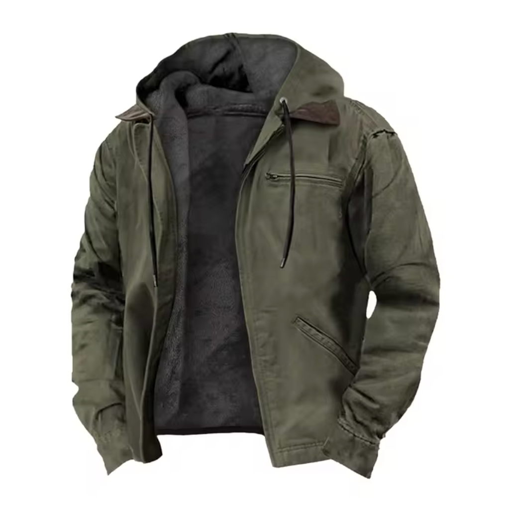 Comfortable men's outerwear jacket with a full zip closure.