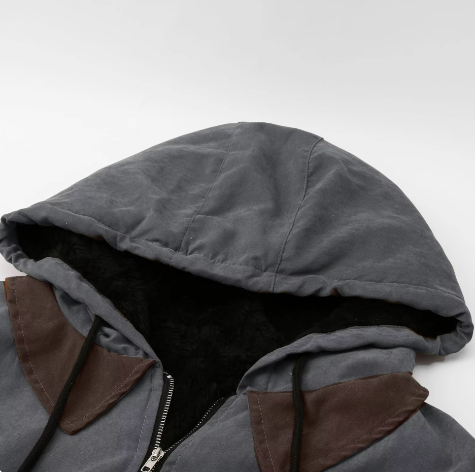 Front view of a men's casual hooded zip-up jacket.