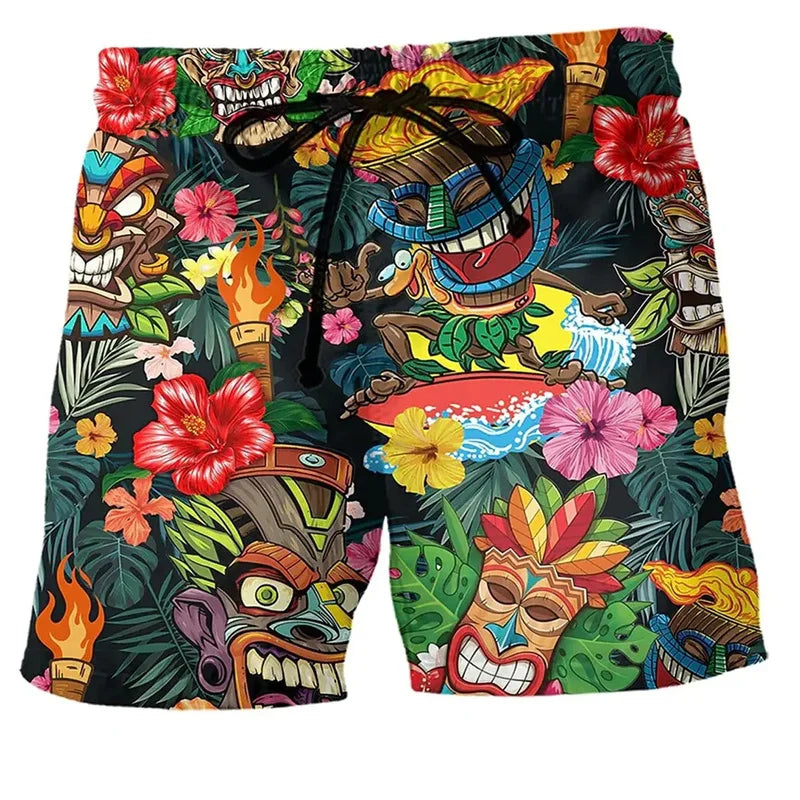 Vibrant graffiti print men's swim shorts for summer. Quick-dry fabric, adjustable waist, bold beachwear style.