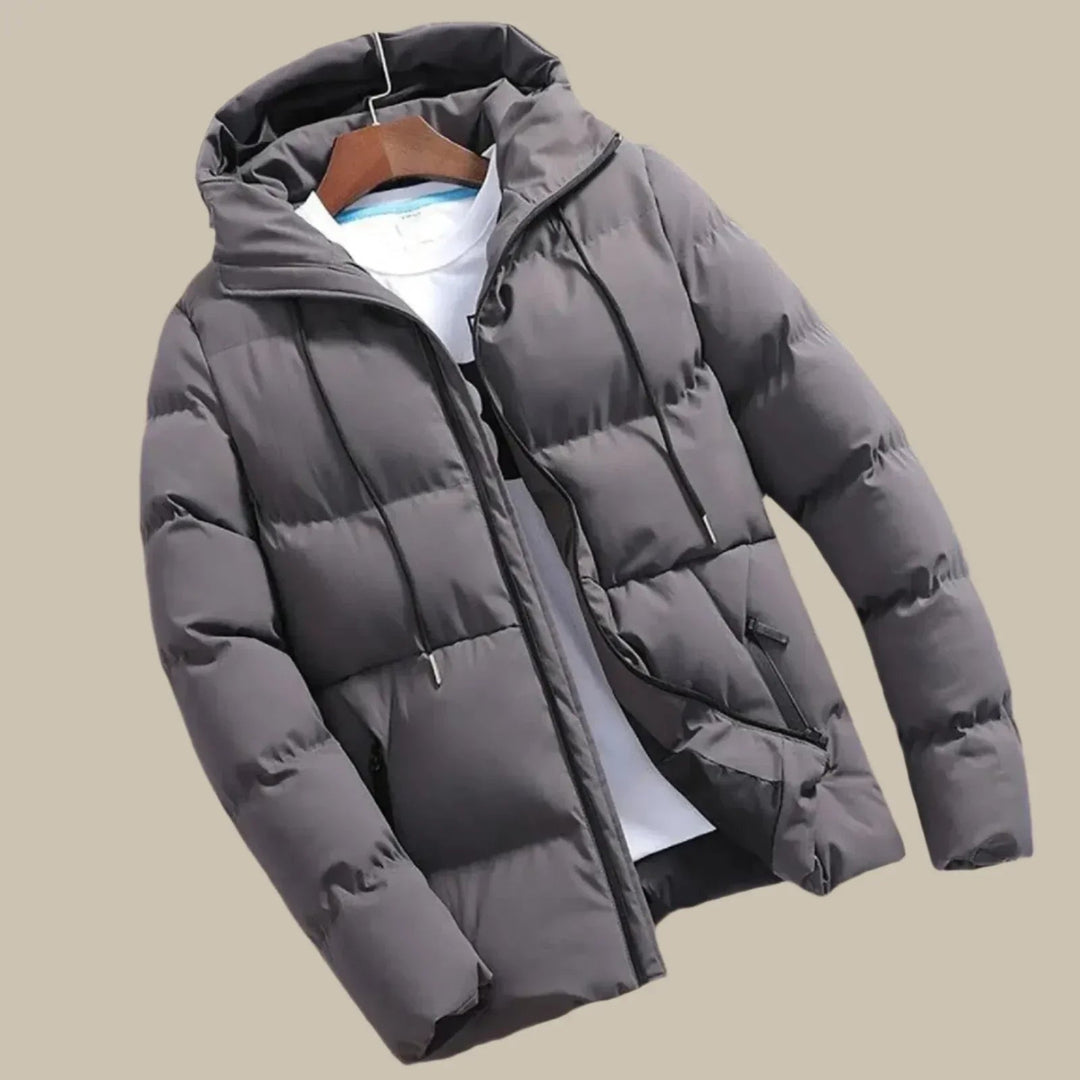 Stylish men's black hooded puffer jacket, perfect for winter warmth and everyday cold weather wear.