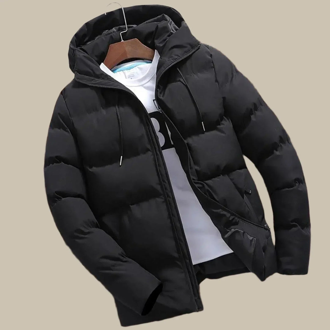 Men's casual zip-up hooded puffer coat. Durable & warm outerwear for winter, ideal for outdoor comfort.