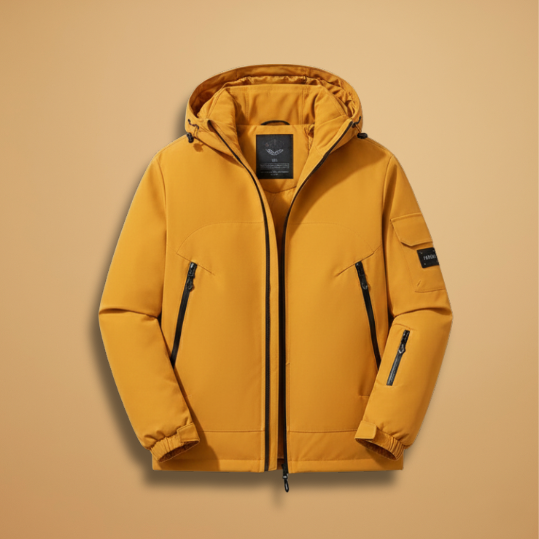 Men's insulated hooded ski jacket for warm winter protection.