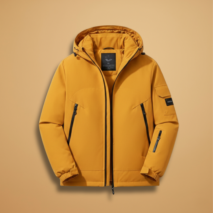 Men's insulated hooded ski jacket for warm winter protection.