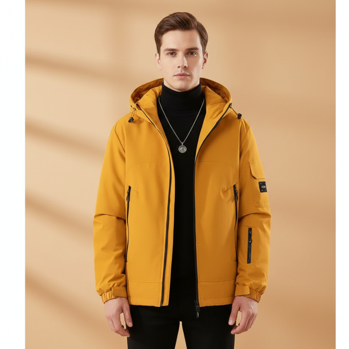 Close-up of the durable fabric on a men's hooded ski jacket.