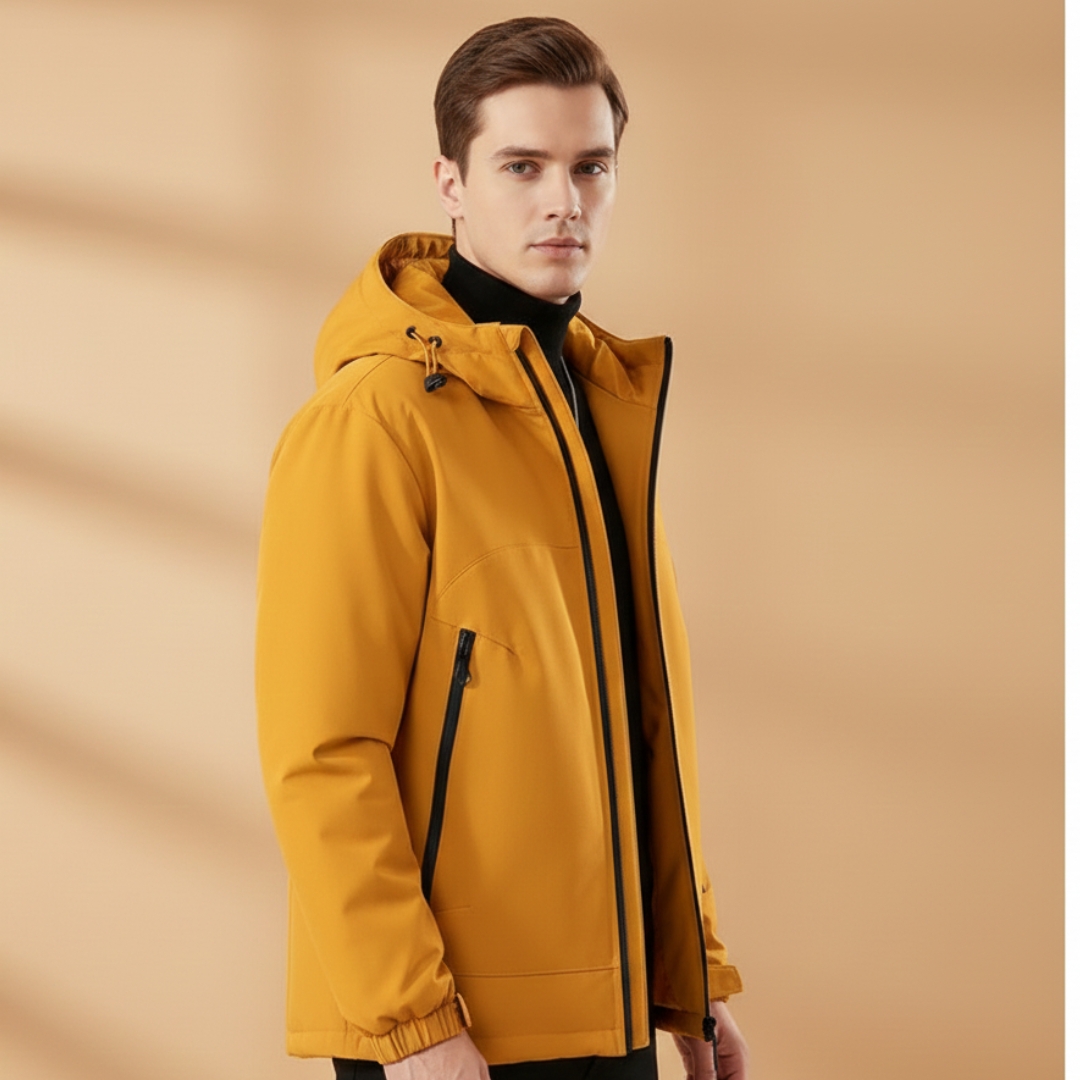 Model wearing a warm men's insulated ski jacket in snowy conditions.