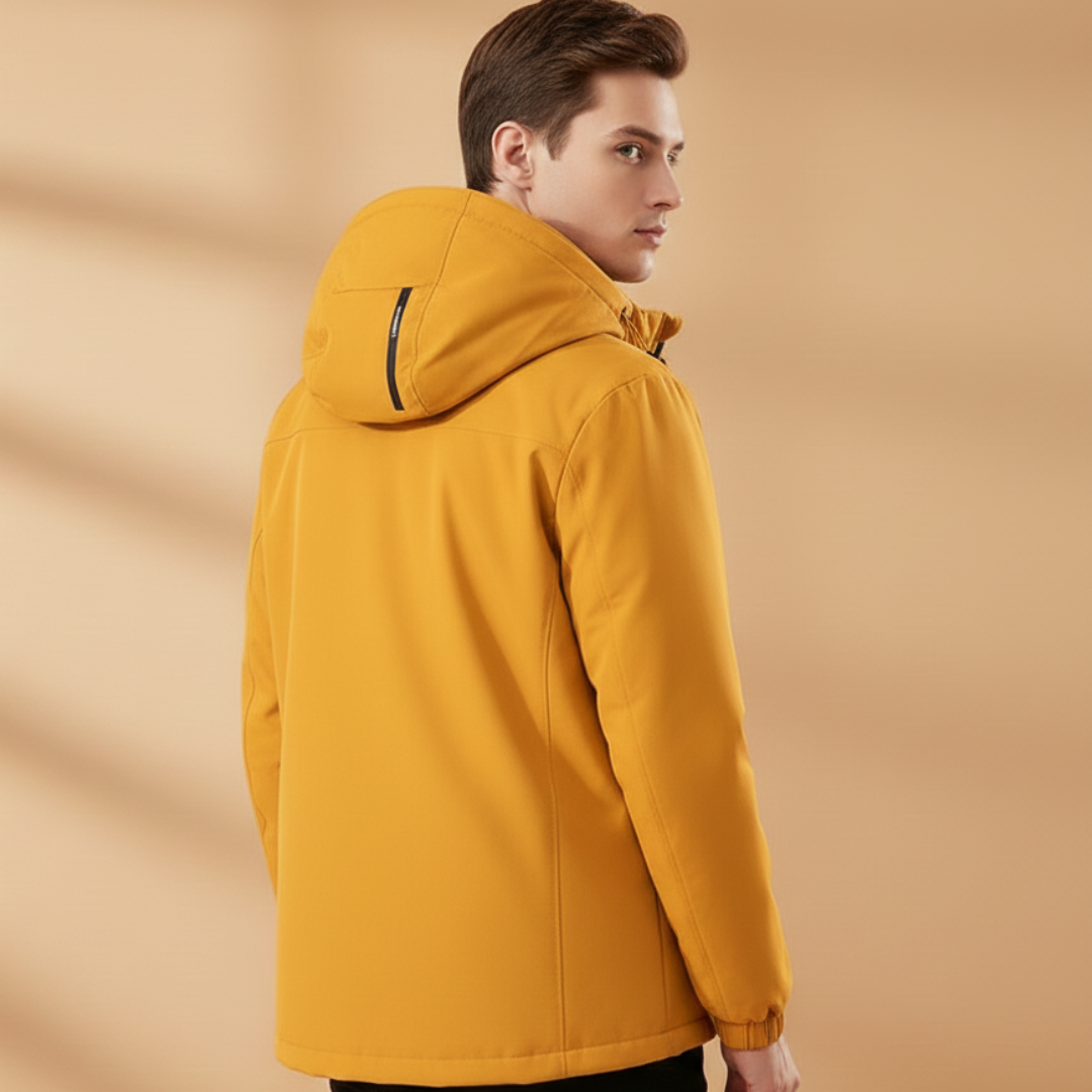 Detailed view of the waterproof zippers on a men's winter ski jacket.