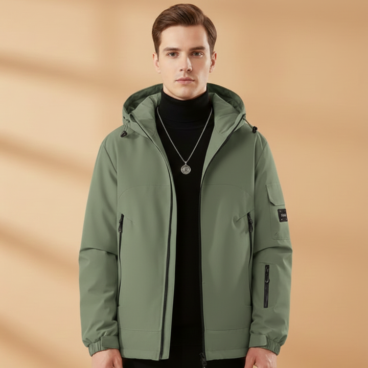 Back view of a men's athletic insulated jacket, ideal for snow sports.