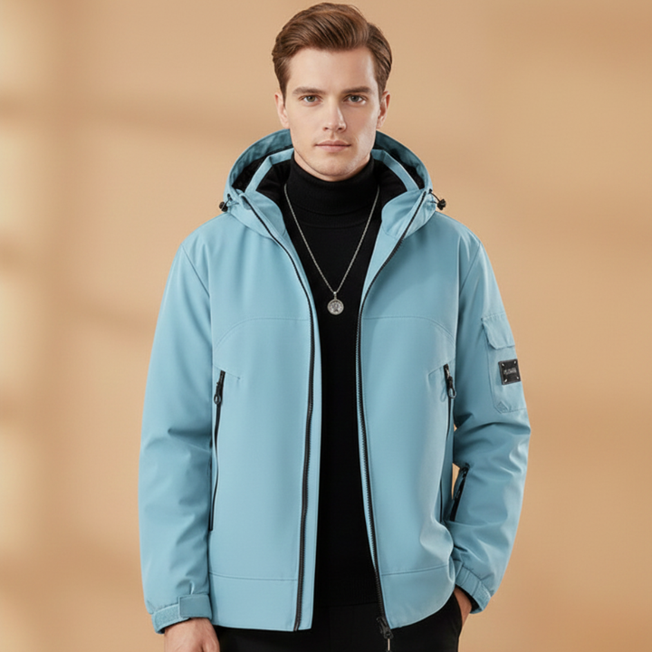 Men's ski wear: a stylish and functional insulated hooded jacket.