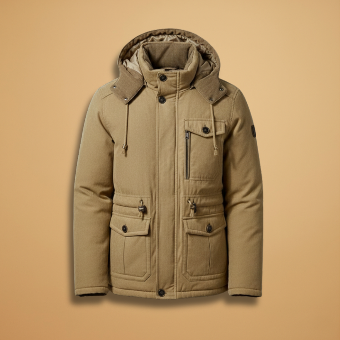 Men's insulated jacket with windproof zip closure for cold weather. Stylish & warm men's outerwear.
