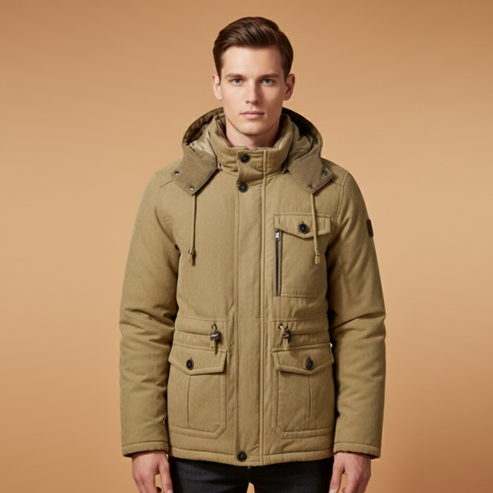 Khaki men's insulated jacket, windproof with zip closure. Ideal winter outerwear for fall fashion.