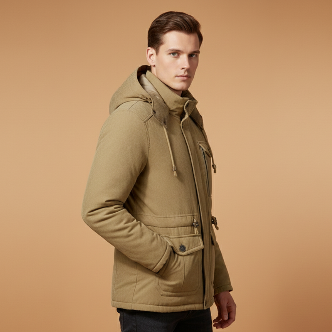 Black men's insulated winter jacket with windproof zip. Perfect casual outerwear for cold weather.