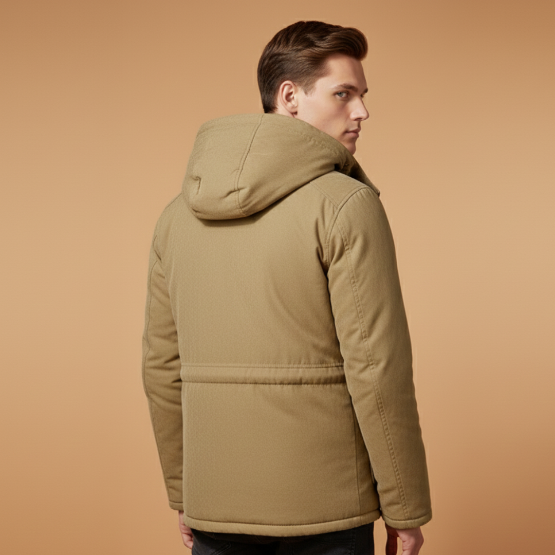 Army green men's insulated jacket, windproof with zip closure. Durable outdoor jacket for men.