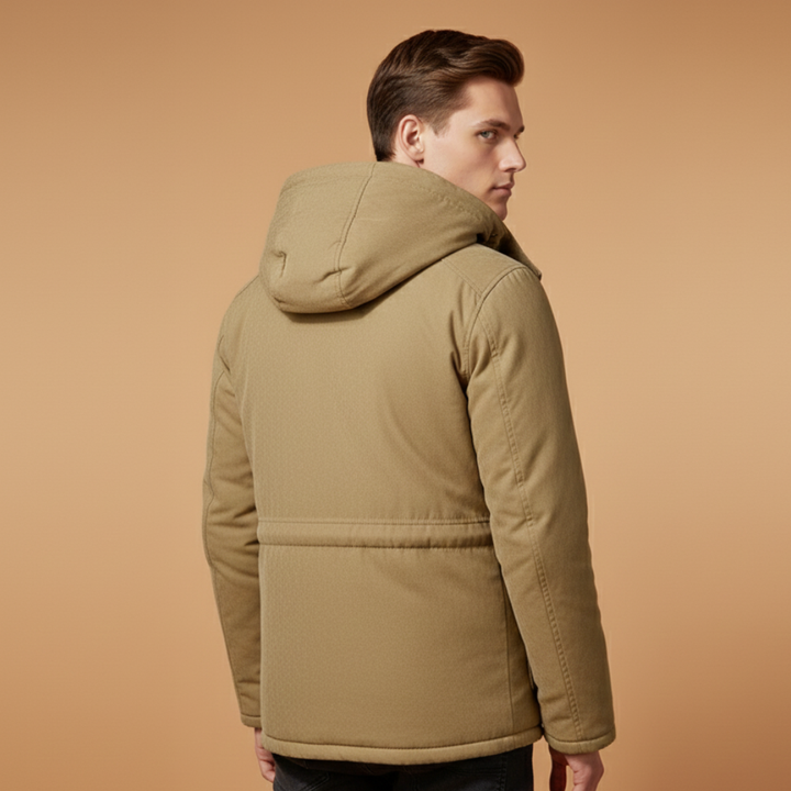 Army green men's insulated jacket, windproof with zip closure. Durable outdoor jacket for men.