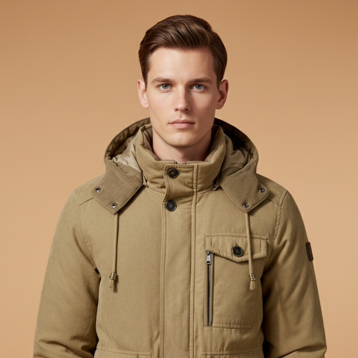 Warm men's insulated winter jacket for cold weather. Windproof zip-up design, perfect outdoor outerwear.