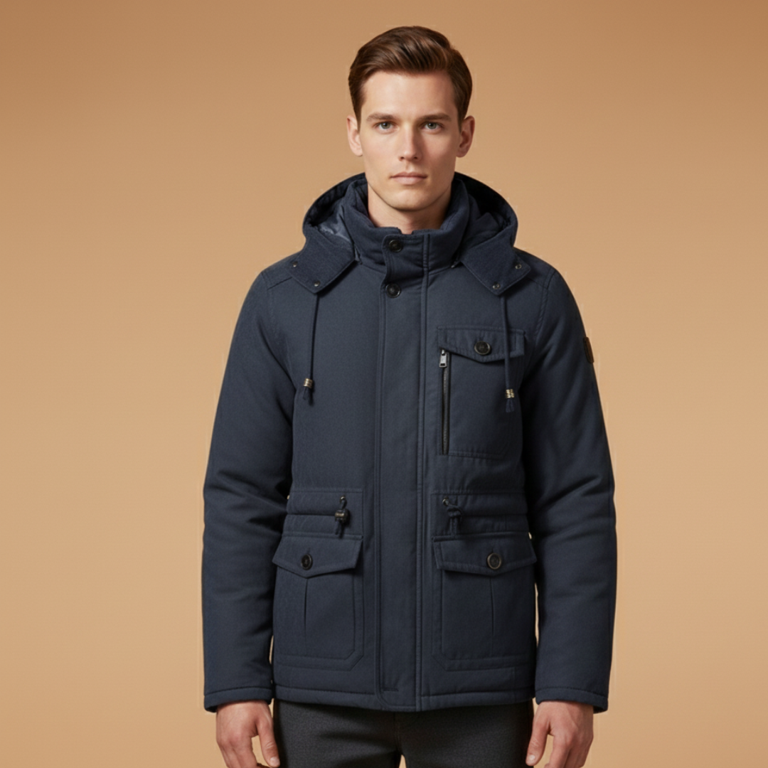 Casual men's insulated jacket with windproof zip closure. Stylish outerwear for fall and outdoor activities.