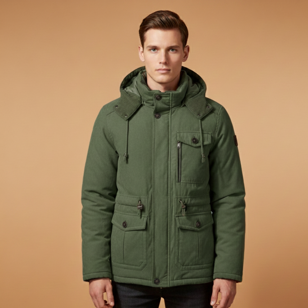 Men's windproof zip-up jacket, insulated for warmth. Essential cold weather outerwear, perfect for fall fashion.