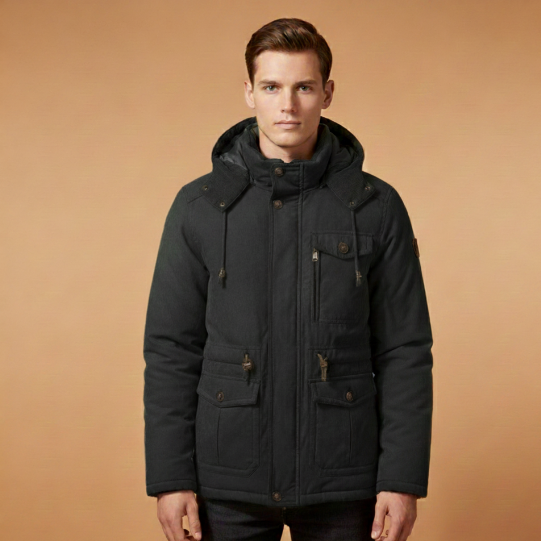 Black insulated men's jacket, windproof with zip closure. Great for winter fashion and cold weather outdoors.