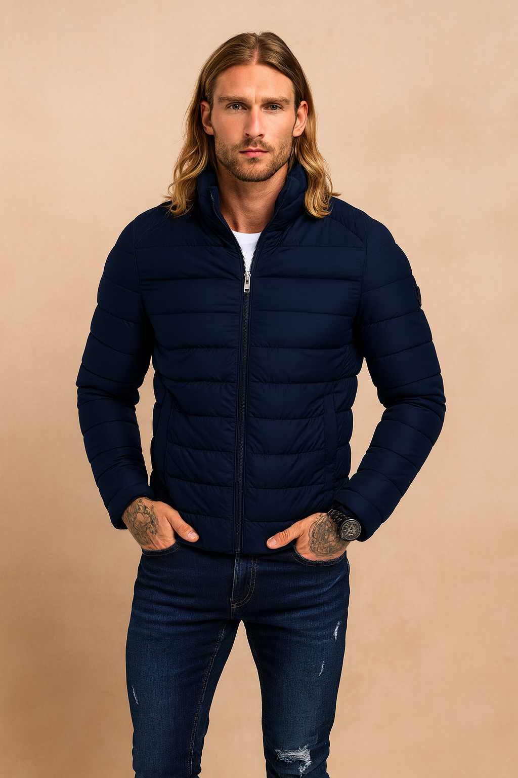 Close-up of a men's quilted winter jacket showcasing the zipper, insulation, and lightweight fabric texture.
