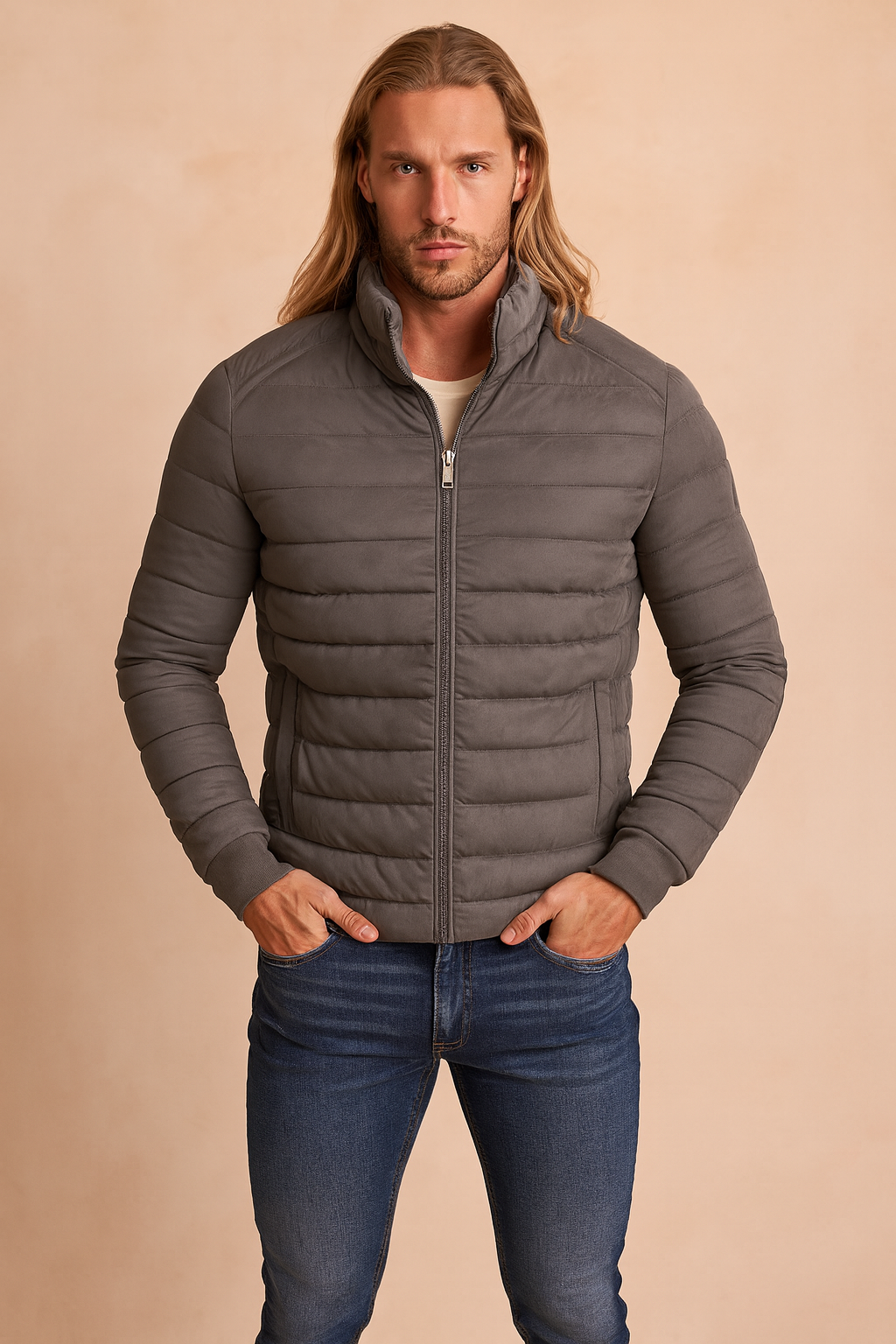 Stylish men's quilted winter jacket, a lightweight insulated outerwear piece for casual cold weather fashion.