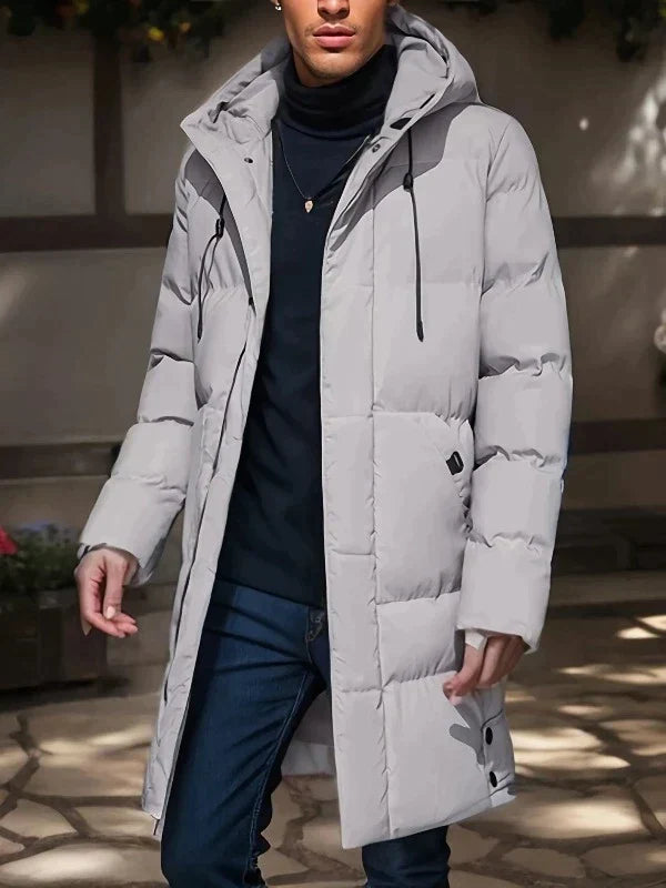 Waterproof men's insulated parka coat with padded panels. Thermal protection for cold winter and rain.
