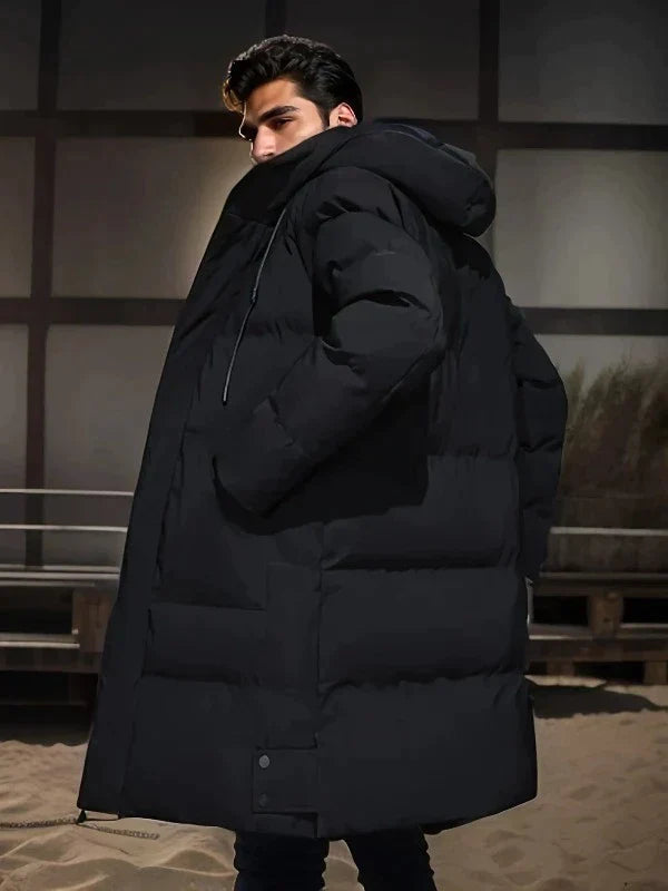 Cozy men's insulated winter parka, padded for warmth. Waterproof design ensures comfort in cold weather.
