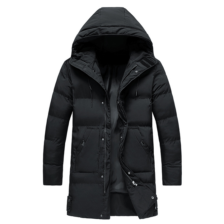 Men's waterproof parka with insulated hood, padded & warm. Essential winter outerwear for cold & rain.