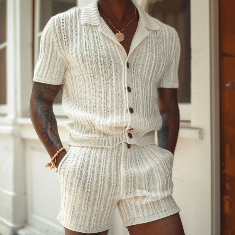 Men's ivory slim-fit breathable polo shirt and matching shorts loungewear set for summer comfort.