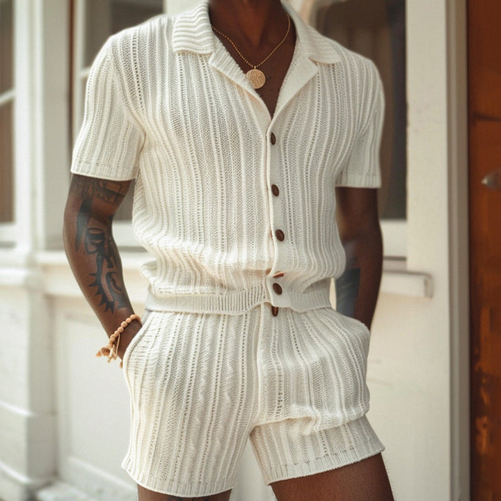 Men's ivory slim-fit breathable polo shirt and matching shorts loungewear set for summer comfort.