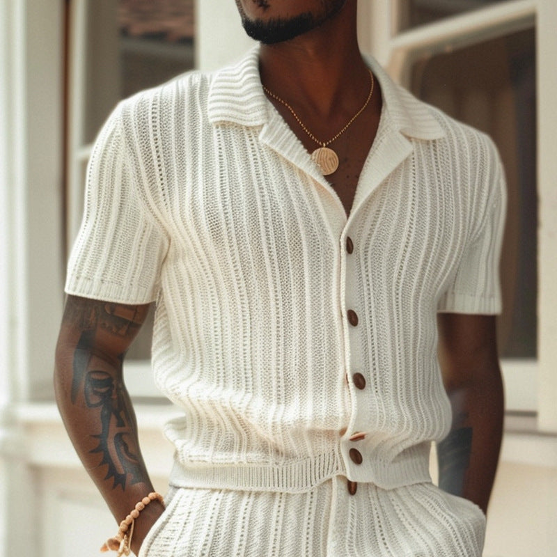 Casual men's two-piece ivory polo and shorts set, perfect for summer lounging and active wear.