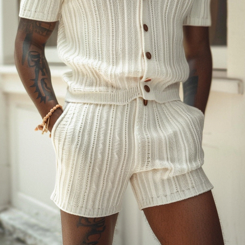 Breathable slim-fit men's ivory polo shirt and shorts matching set, comfortable for warm weather.