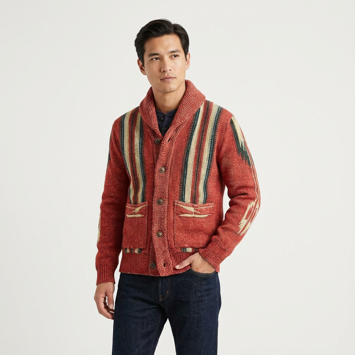 Men's jacquard knit lapel collar button cardigan, a stylish long sleeve knitwear top.